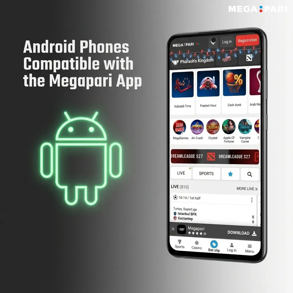 Several Android phones displaying the Megapari app, with model names listed for Bangladeshi users