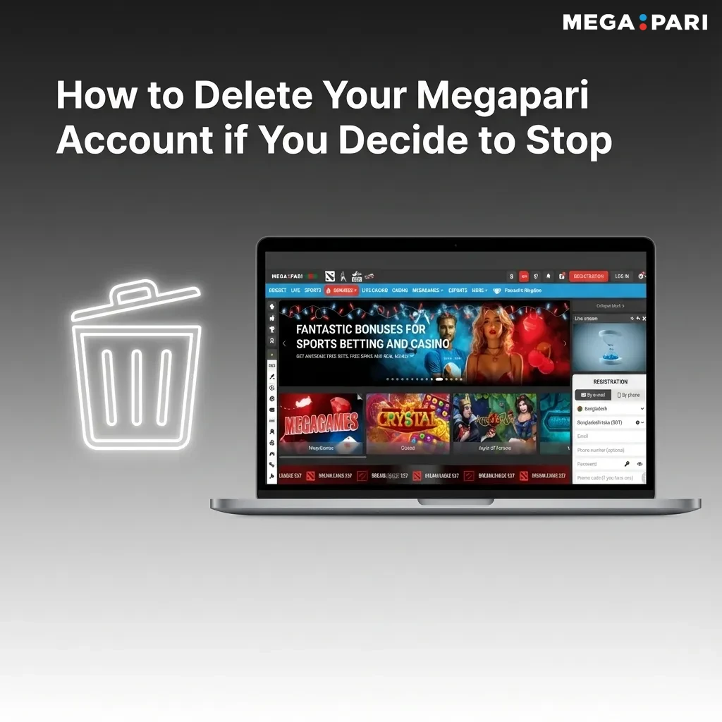 Illustrated guide showing steps to delete a Megapari account, including withdrawing funds and contacting support