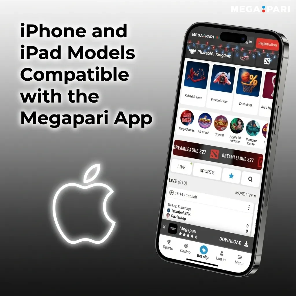 Chart showing Megapari app compatibility with recent iPhone X–15 series and modern iPad models running iOS 11+