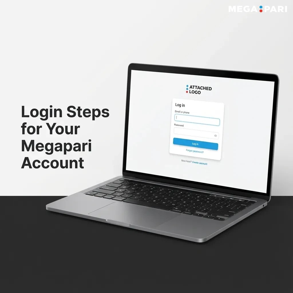 Illustrated steps to log into a Megapari account: click login, enter email, password, check currency, then access dashboard