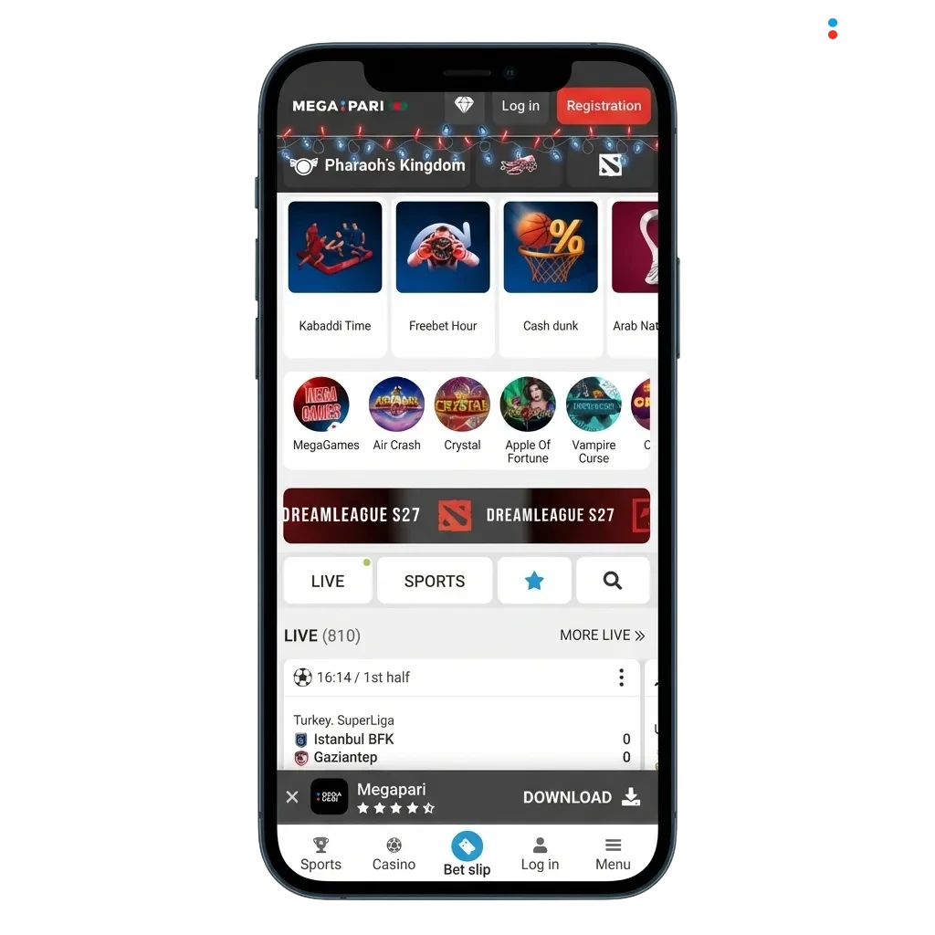 Megapari mobile app promo showing Android and iOS download options and 100% welcome bonus for Bangladeshi users