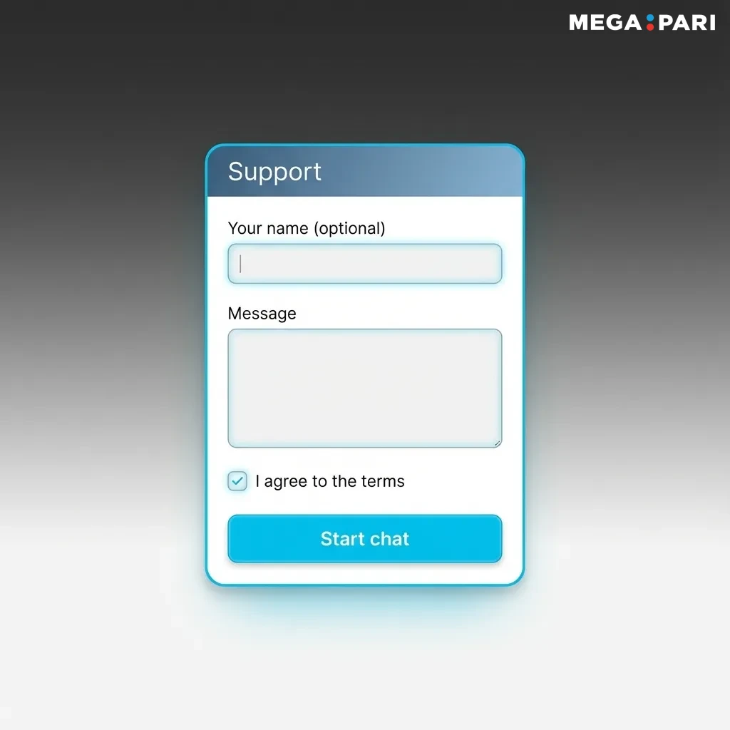 Bangladeshi player using Megapari support options: live chat, email, contact form, and FAQ on a laptop screen