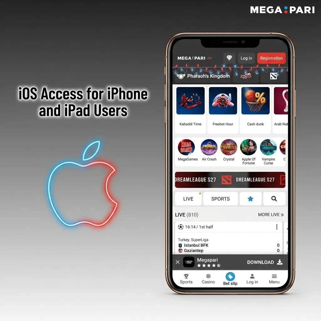 Illustration of an iPhone showing Safari steps to add the Megapari website as a home screen shortcut on iOS.