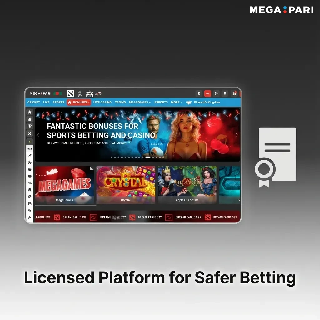 Megapari betting site screenshot highlighting Curaçao eGaming license 8048/JAZ and safety assurance for Bangladesh users
