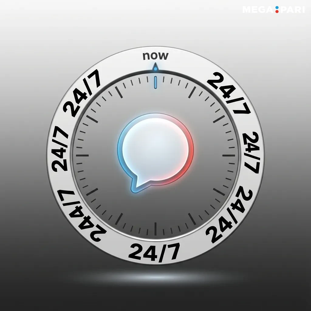 Megapari website live chat window open, user typing support question, agent replying, 24/7 help highlighted