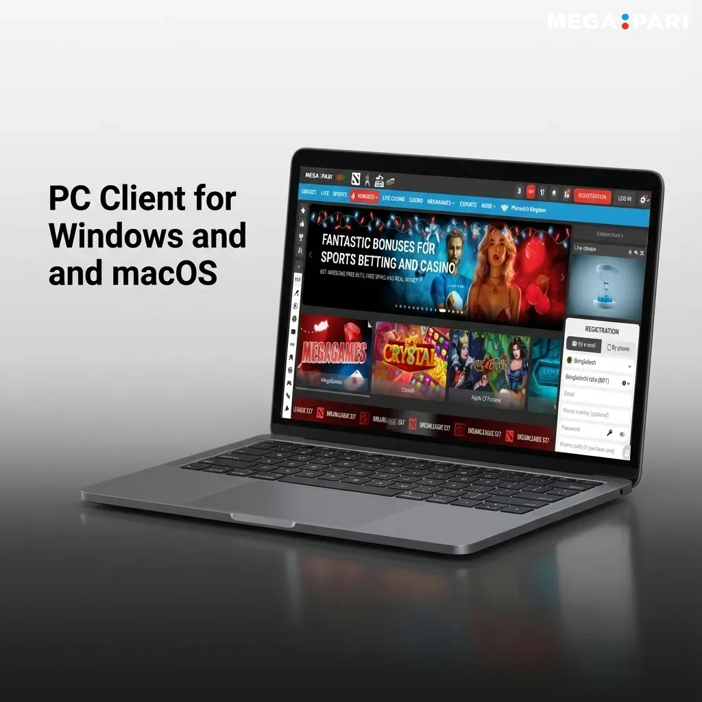 Megapari site shown in a browser window on Windows and macOS, highlighting no separate PC client.