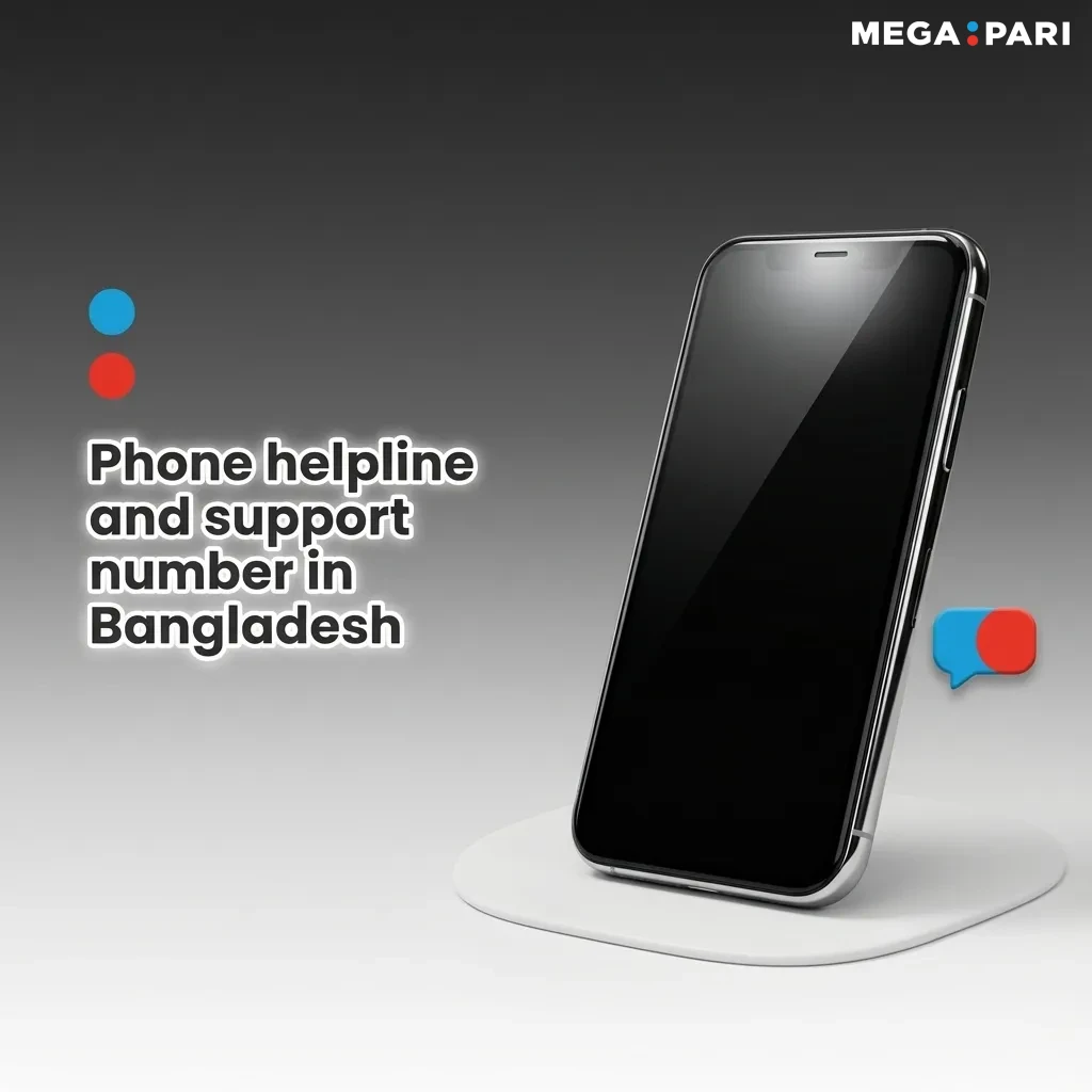 Illustration of a phone helpline for Megapari users in Bangladesh, highlighting support for urgent account and payment issues