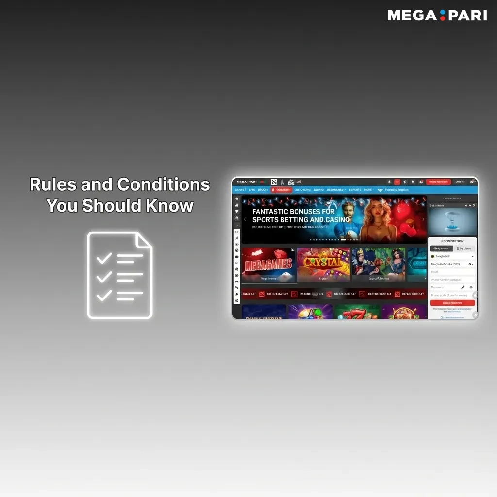 Illustration of Megapari terms: age 18+, one account, accurate data, bonus rules, and payout limits for Bangladesh users