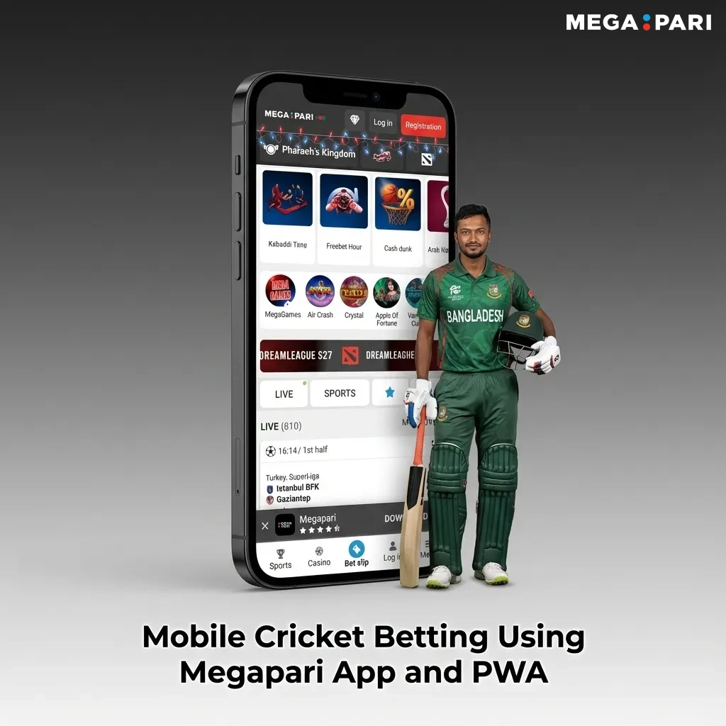 Smartphone screen showing Megapari mobile app cricket betting interface for users in Bangladesh