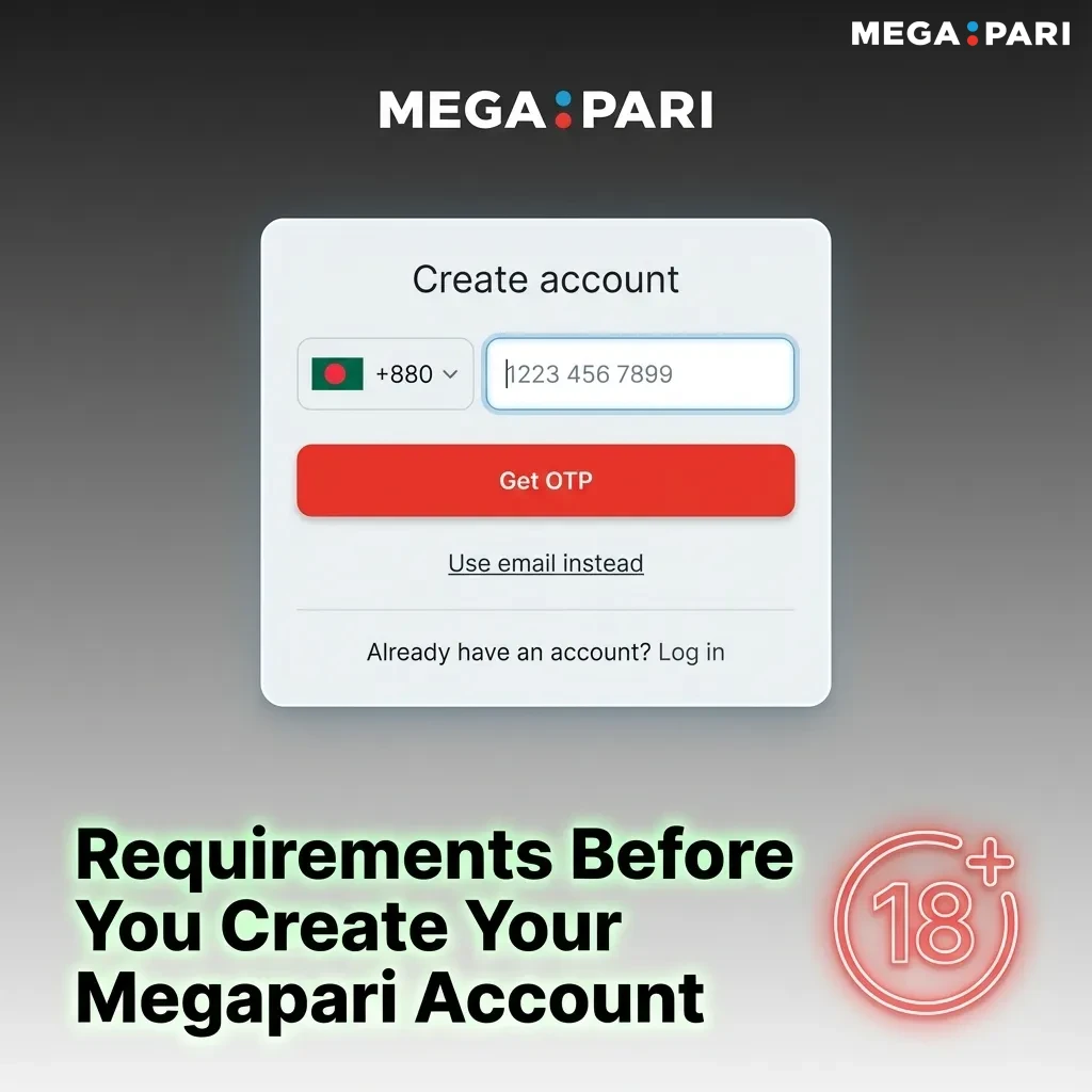 Infographic listing Megapari Bangladesh registration rules, including age 18+, one account, accurate personal data, and ID verification