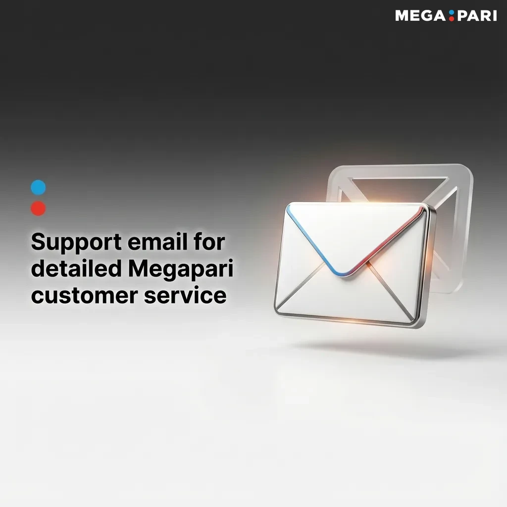 Illustration of a Megapari support email on a laptop, showing fields for name, account ID, and issue details