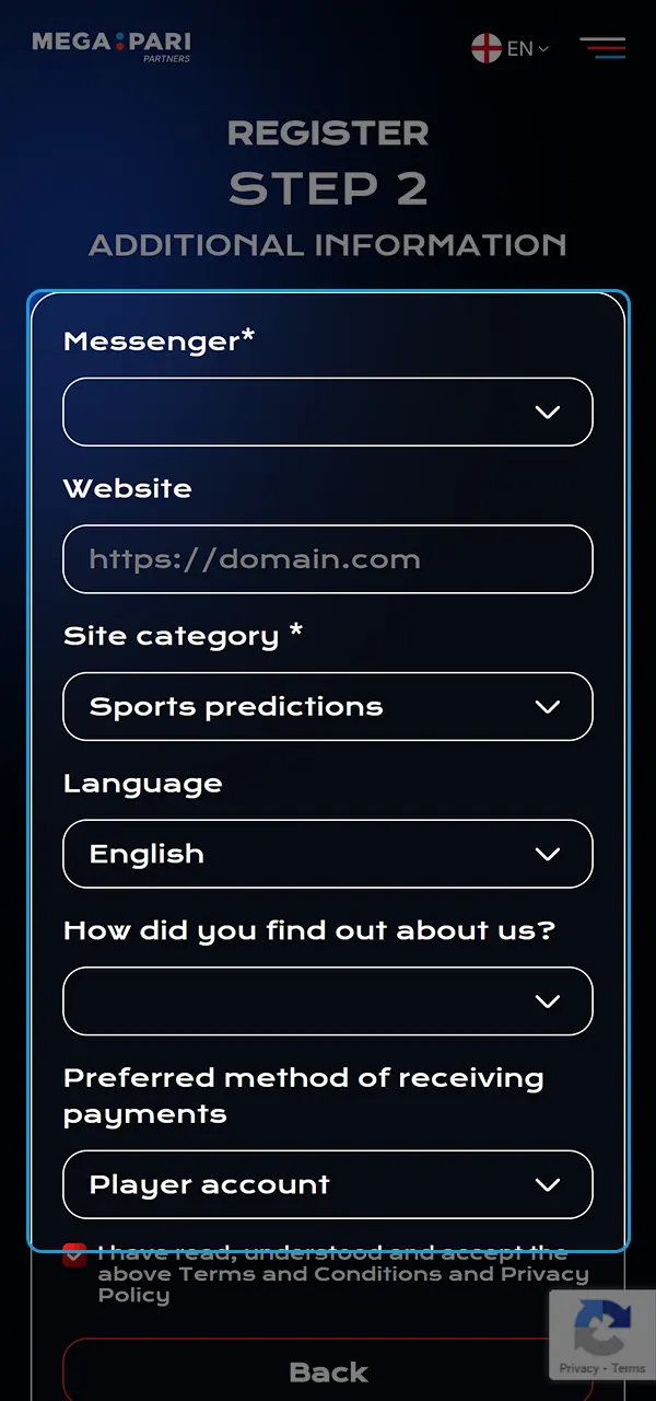 Specify your traffic sources and start working with Megapari Casino.