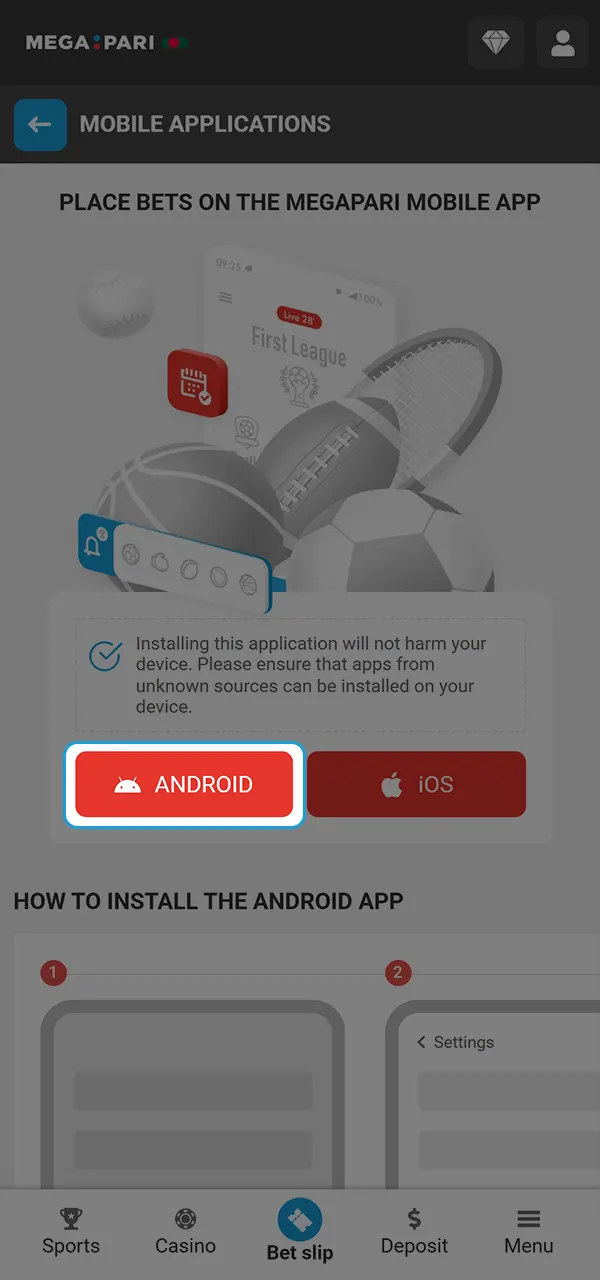 Start downloading the Megapari app on Android.