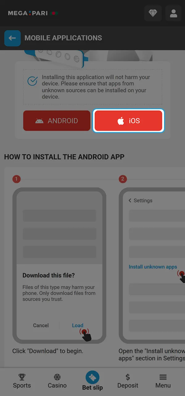 Download the Megapari casino app for iOS.