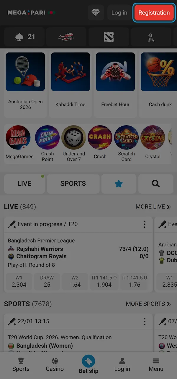 Register and play Aviator at Megapari Casino.