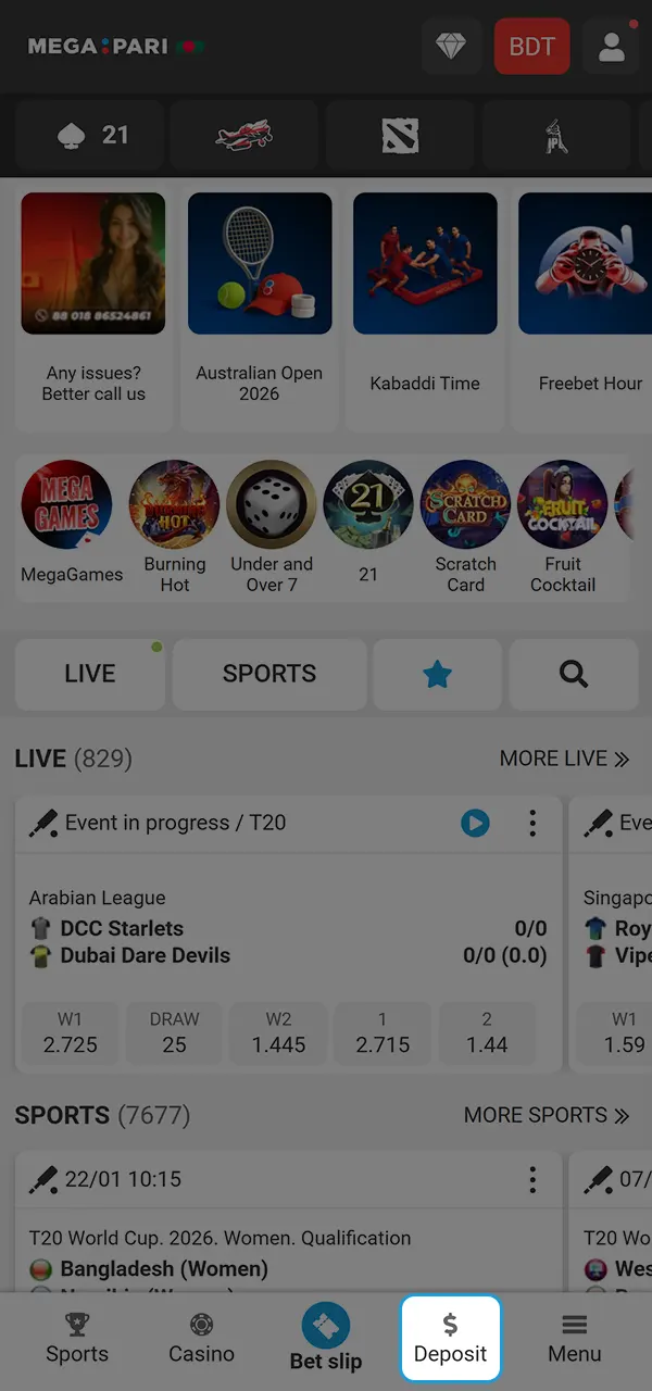 Make a deposit and take advantage of Megapari Casino's bonus offers.