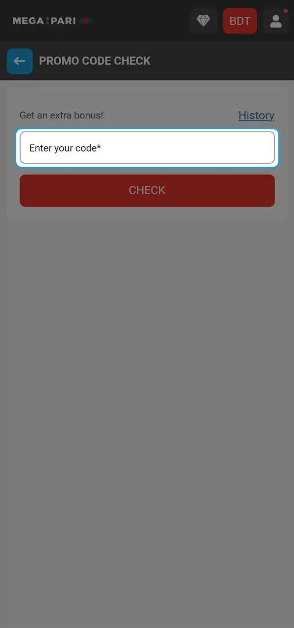 Enter the promo code to receive Megapari bonuses.