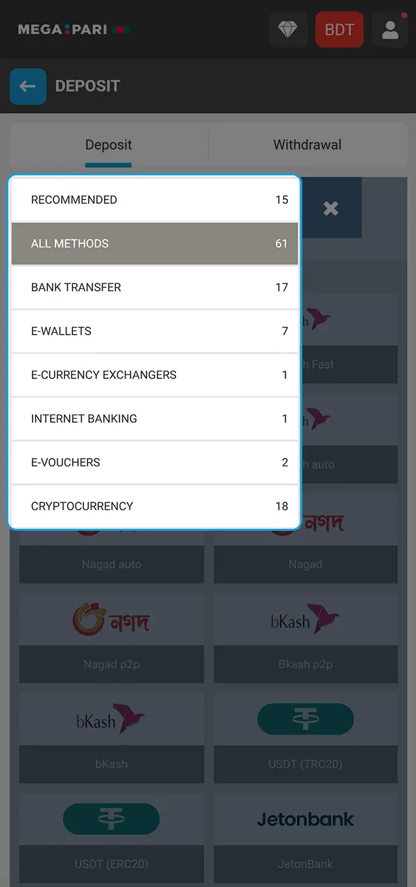 Select a payment method and gain access to Megapari casino games.