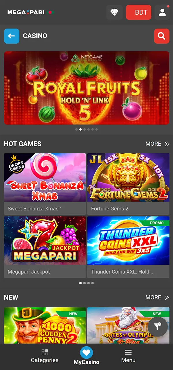 Start playing and win at Megapari casino games.