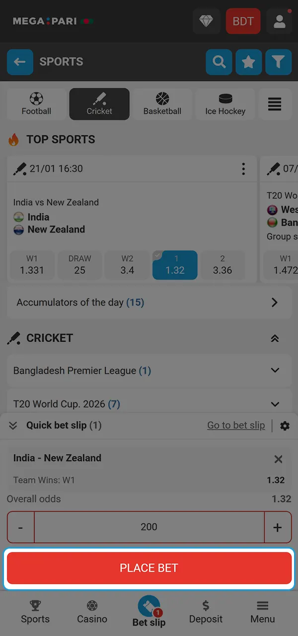 Place a bet on any cricket event at Megapari.