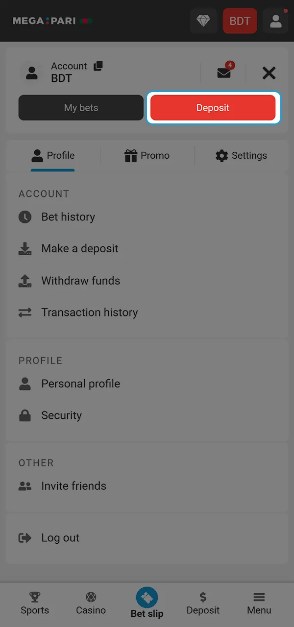 Select a deposit method and top up your account at Megapari Casino.