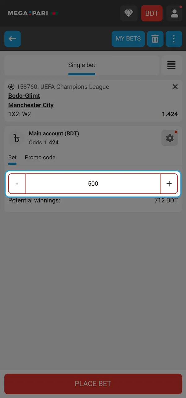 Enter your bet amount and try your luck at Megapari Casino.