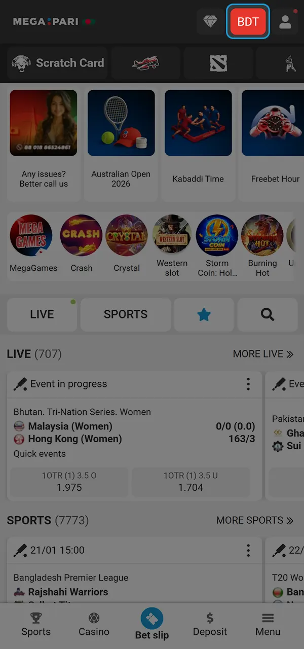 Make a deposit and start playing at Megapari Casino.