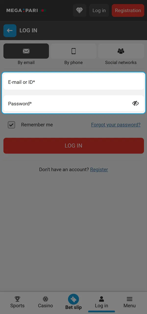 Enter your login details and play at Megapari Casino.