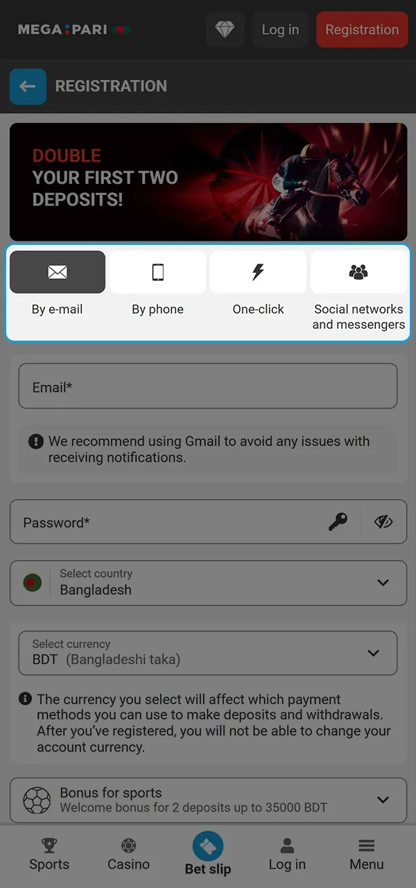 Select a preferred method of registration on Megapari.