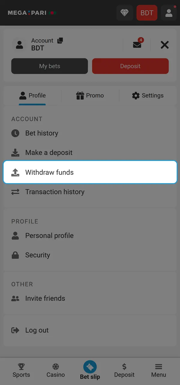 Withdraw money quickly at Megapari Casino.