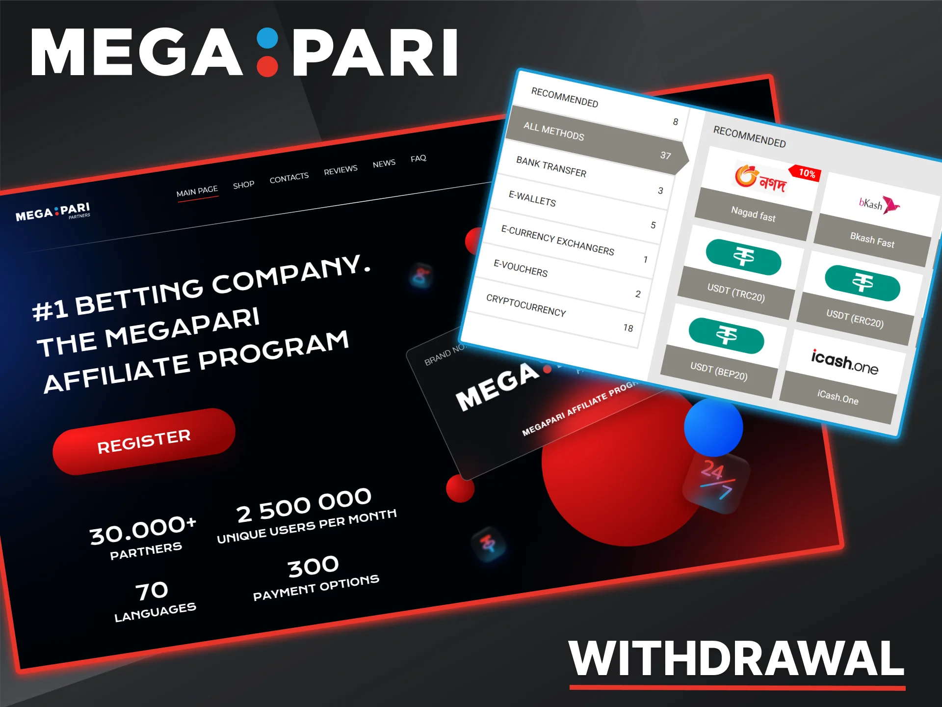 Withdraw your money in a way that's convenient for you with the Megapari affiliate program.