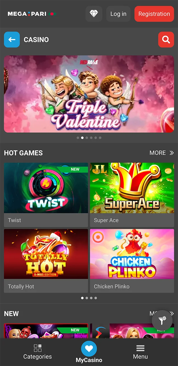 Casino games featured in the Megapari app.