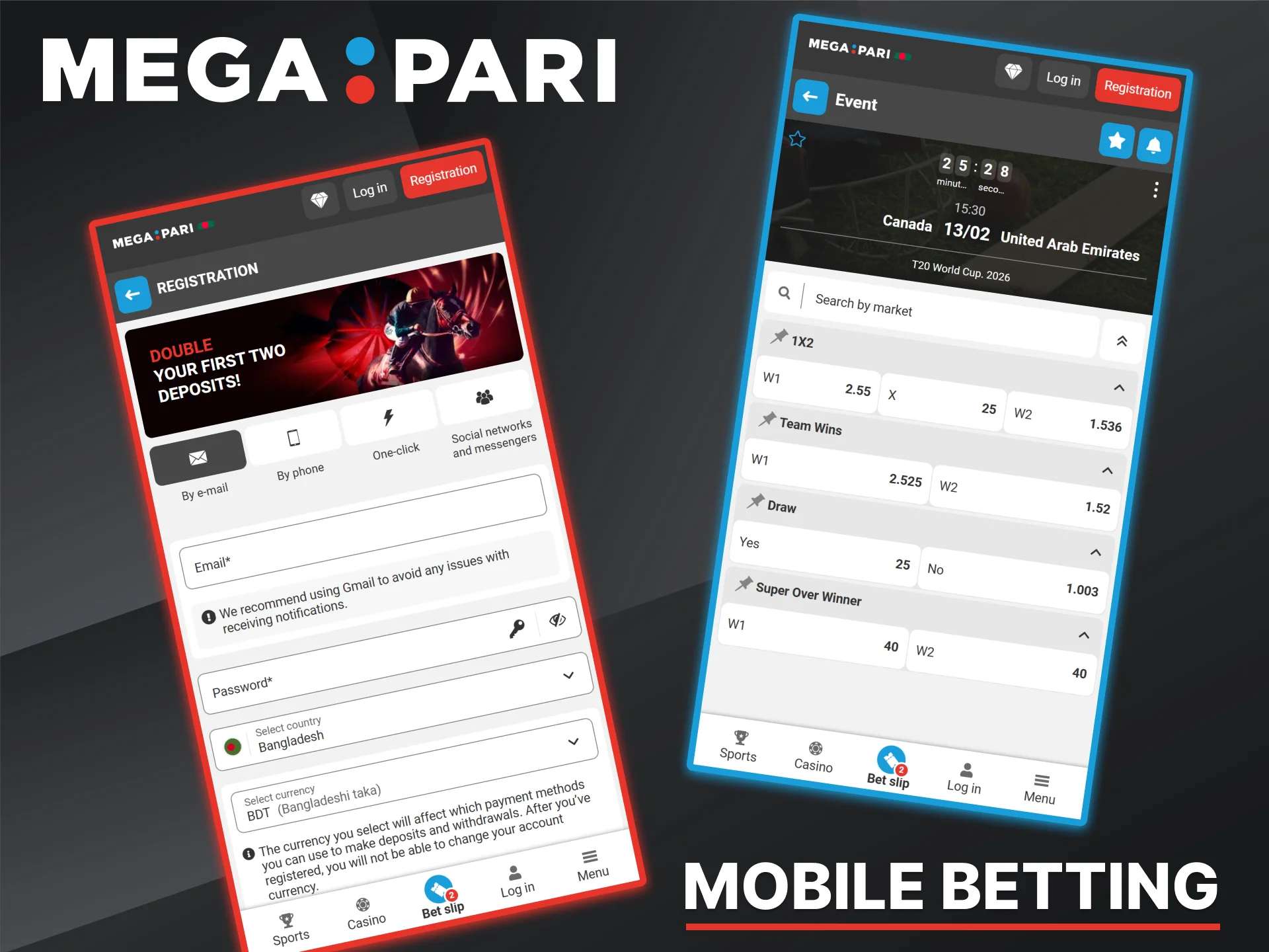 Place your bets on global cricket events using the official Megapari mobile app.