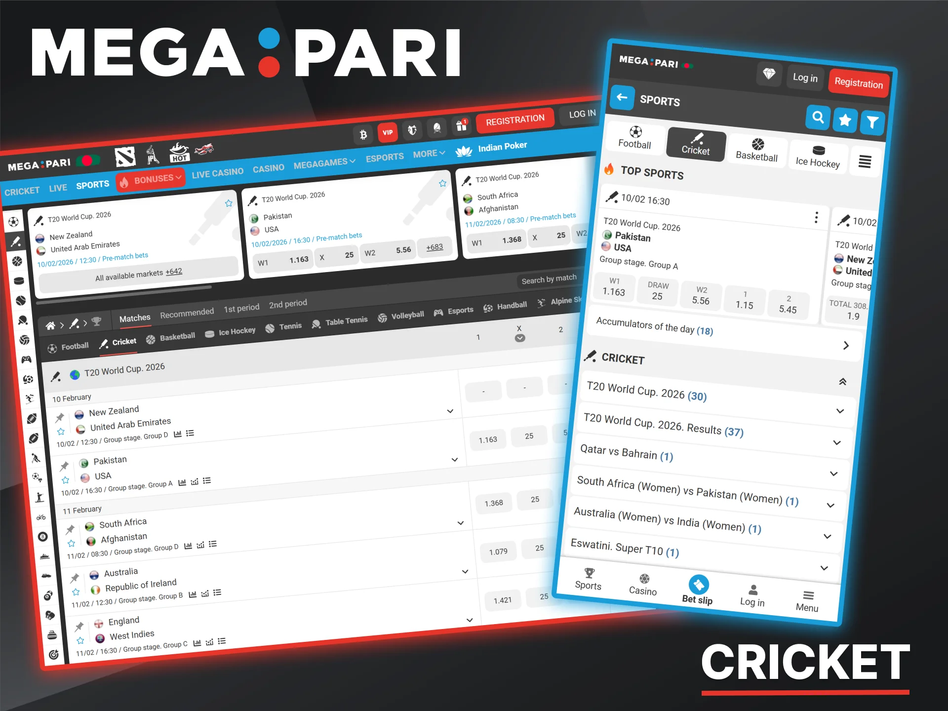 Megapari offers competitive odds on international and domestic cricket matches.