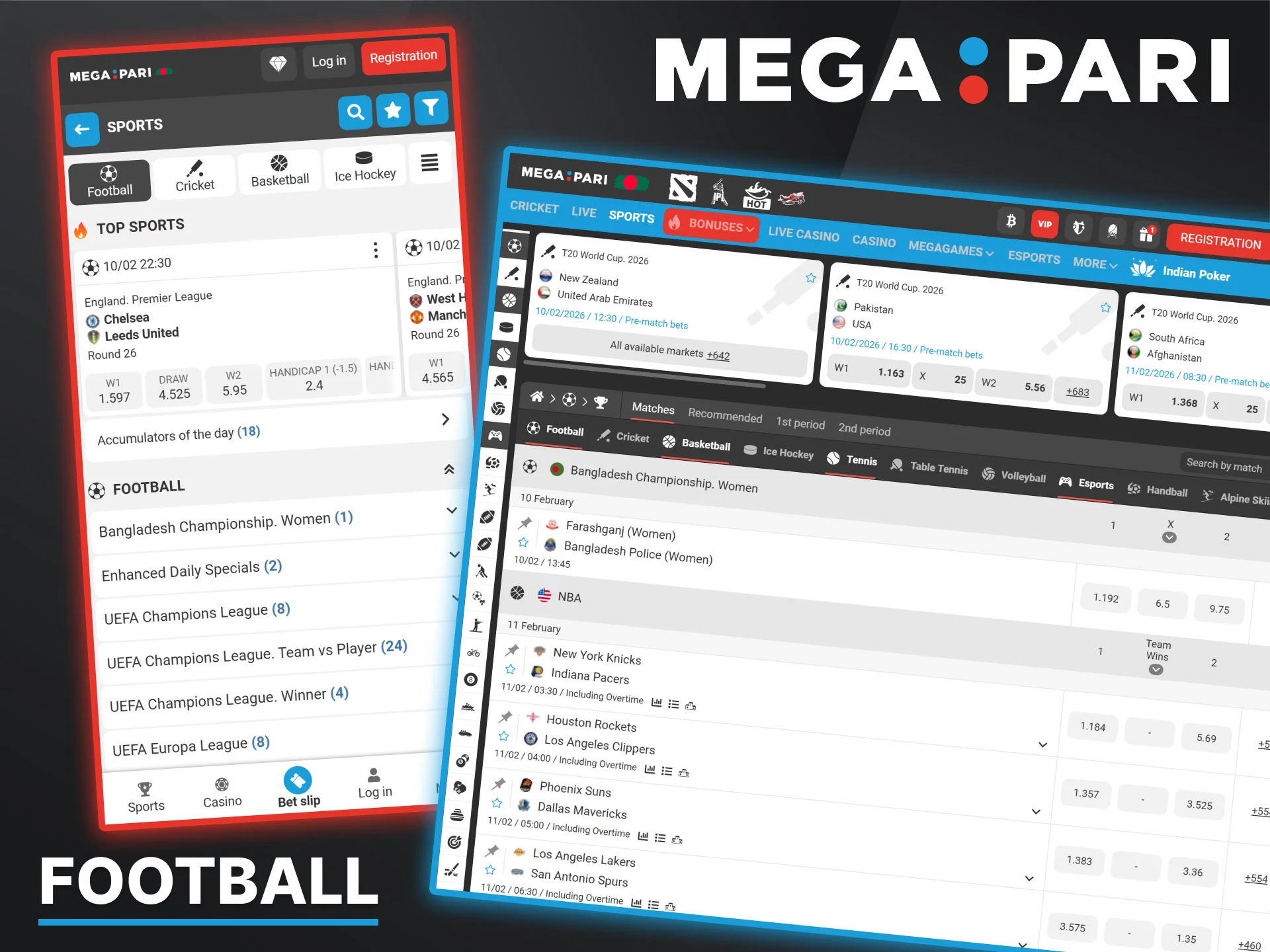 A wide selection of football tournaments and leagues available for pre-match and live wagering on the Megapari bookmaker website.