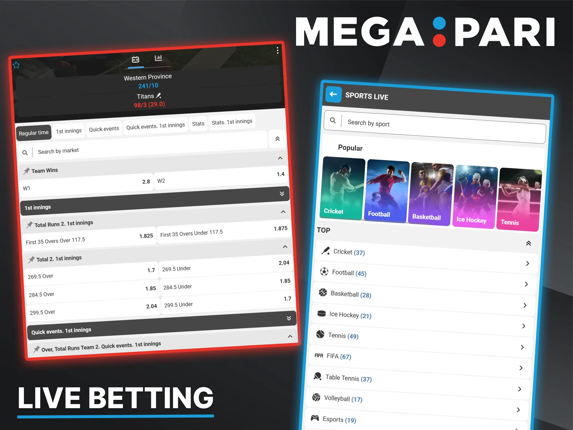 Real-time wagering interface that allows users to place bets during live sporting events at the Megapari bookmaker.