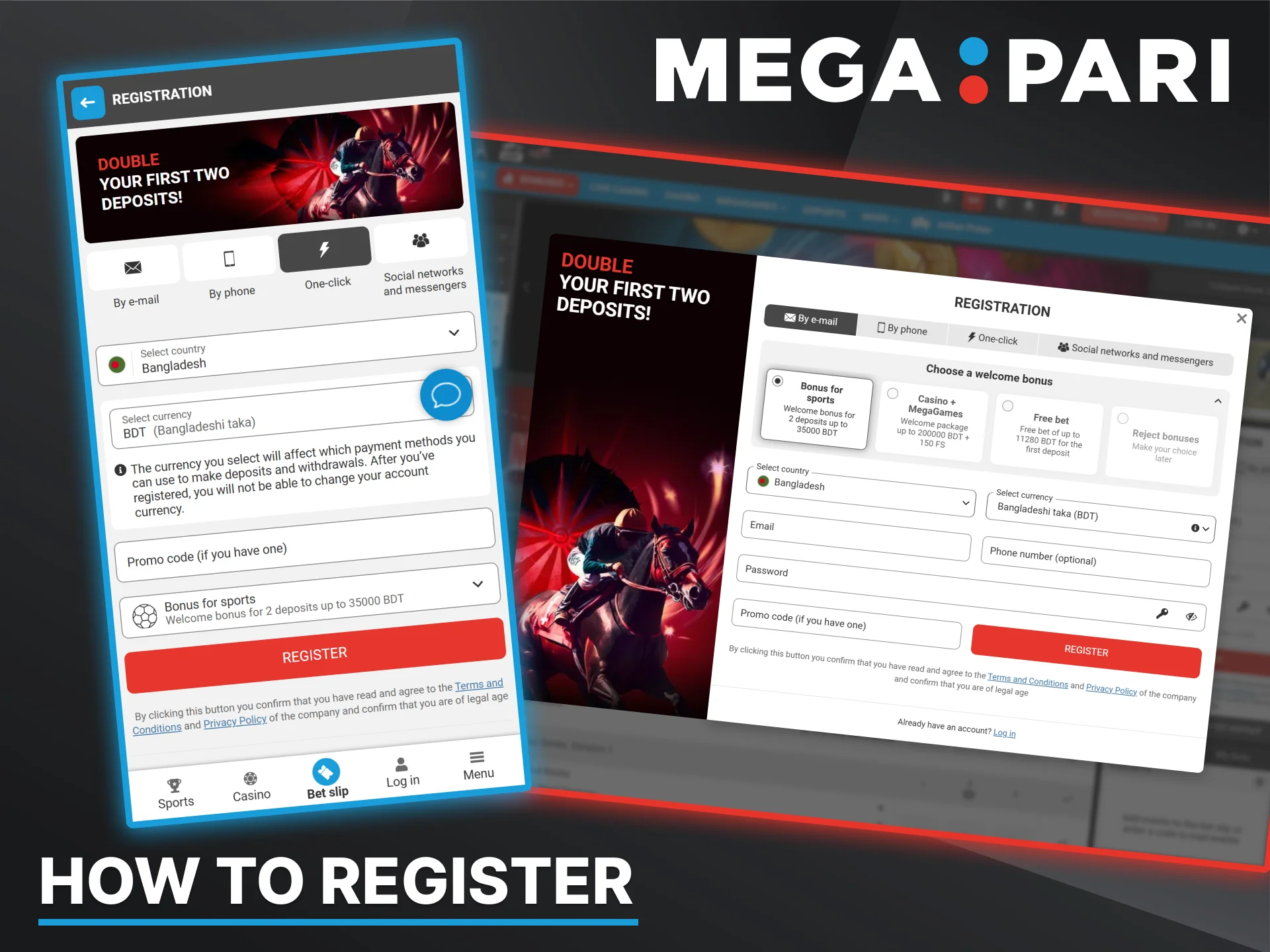 A step by step visual guide for Bangladeshi users to create a new account on the Megapari bookmaker platform.