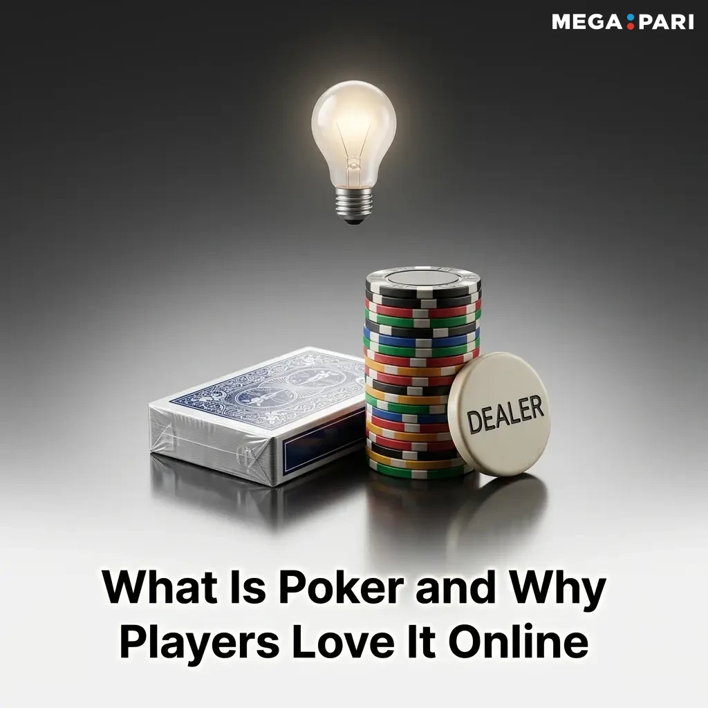 Poker table with cards and chips showing Texas Hold'em and video poker variants available at Megapari online casino